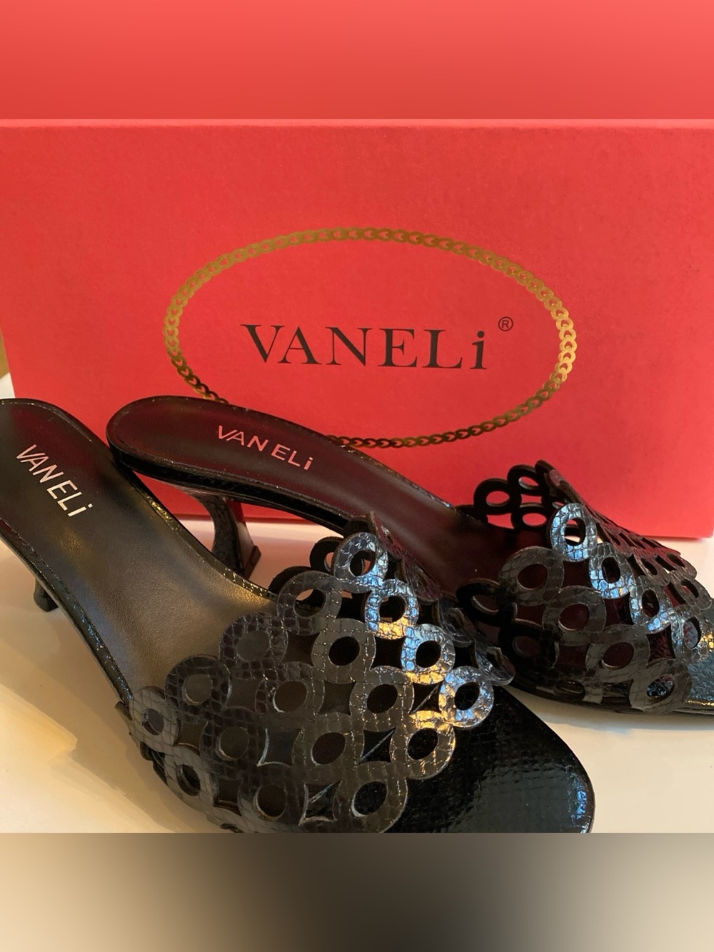 Vaneli Black Laser-Cut Open-Toe Mule Sandals